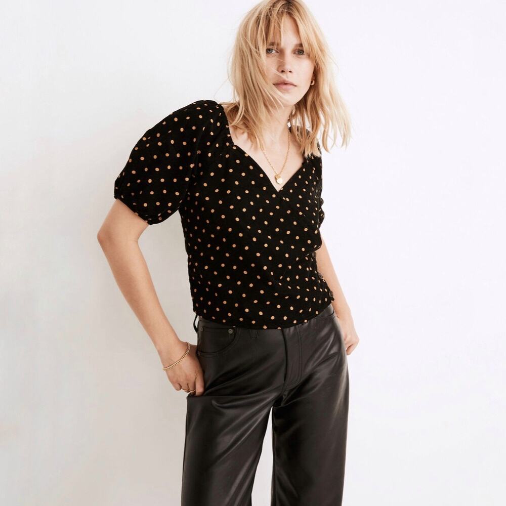 Madewell Women’s Corduroy Puff-Sleeve Wrap Top in Oval Dot Black Size XL